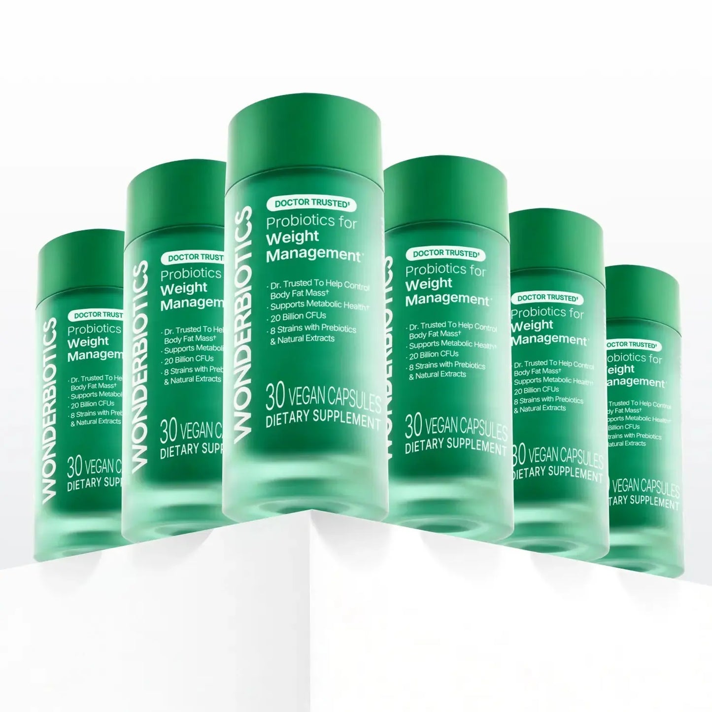 Wonderbiotics probiotics for weight management supplement bottles on white.