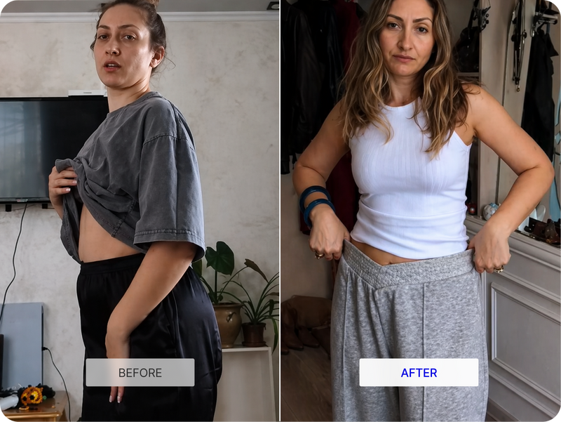 Customer progress photo showing body-shape changes over time.