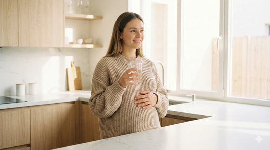 A medium shot of a smiling pregnant woman wearing a cozy beige knit sweater, standing in a sunlit modern kitchen. She holds a glass of water in one hand and gently rests the other on her prominent belly, looking towards a large window.