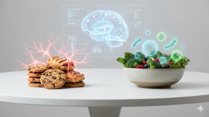 Conceptual still life illustrating the gut-brain connection and cravings. A stack of cookies glows with red neural pathways, contrasted with a bowl of high-fiber vegetables and glowing microbiome spheres, against a blurred digital brain background.