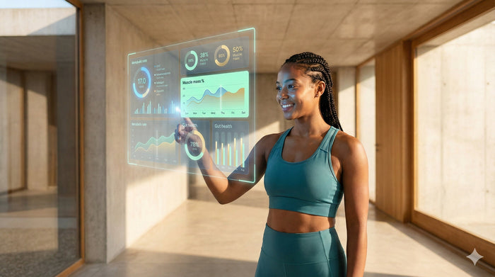 Fit woman in a sunlit minimalist space viewing a glowing 3D holographic display of metabolic data and body composition metrics.