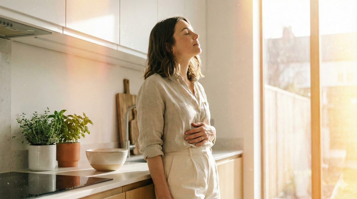Woman practicing mindful eating in a sunlit kitchen, placing a hand on her stomach to distinguish between true physiological hunger and psychological appetite.