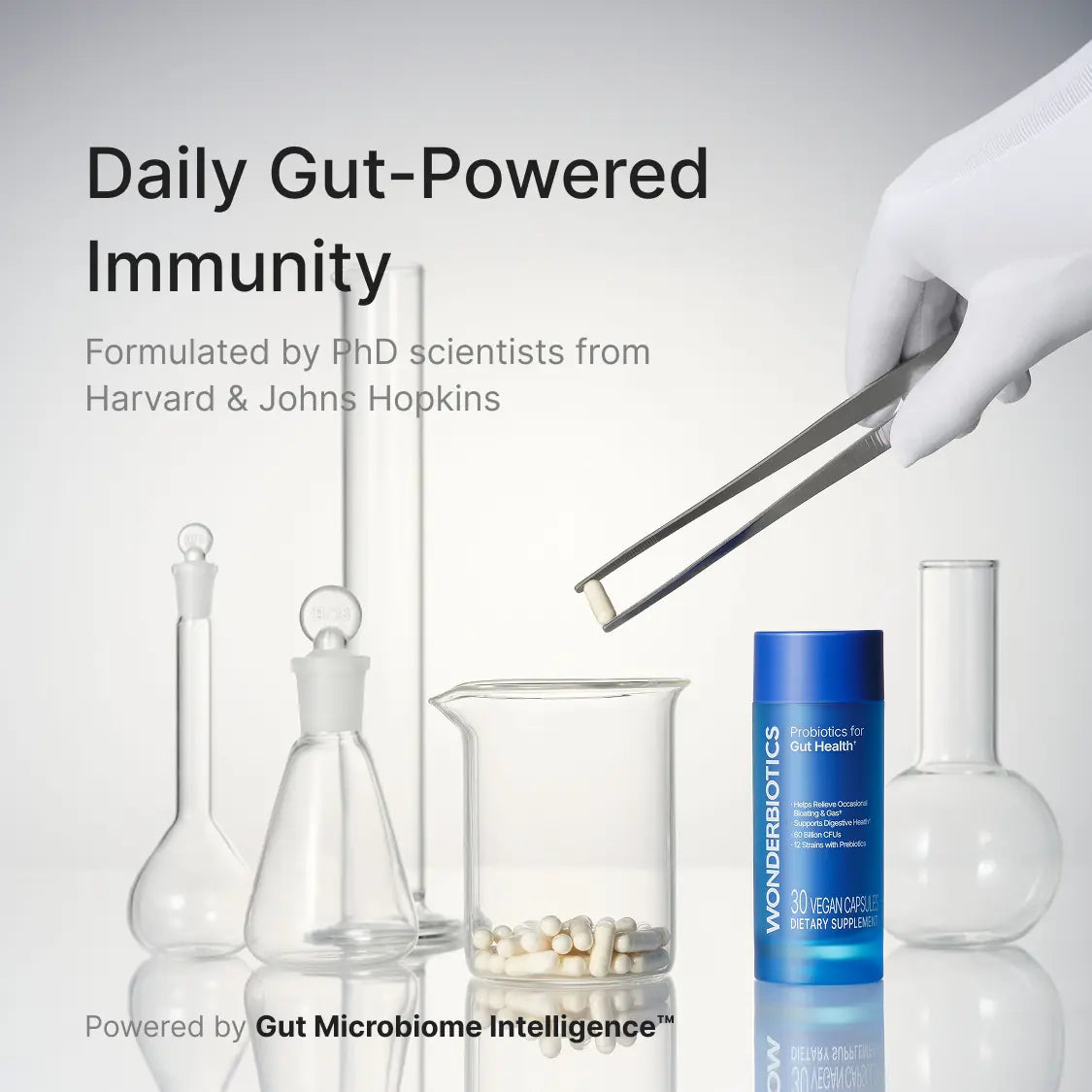 WonderBiotics Probiotics for Gut Health bottle with lab glassware and daily gut-powered immunity message