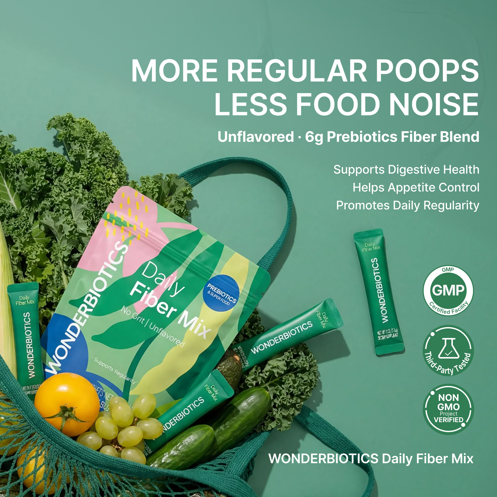 WonderBiotics Daily Fiber Mix sachet with clinically tested 5-fiber blend