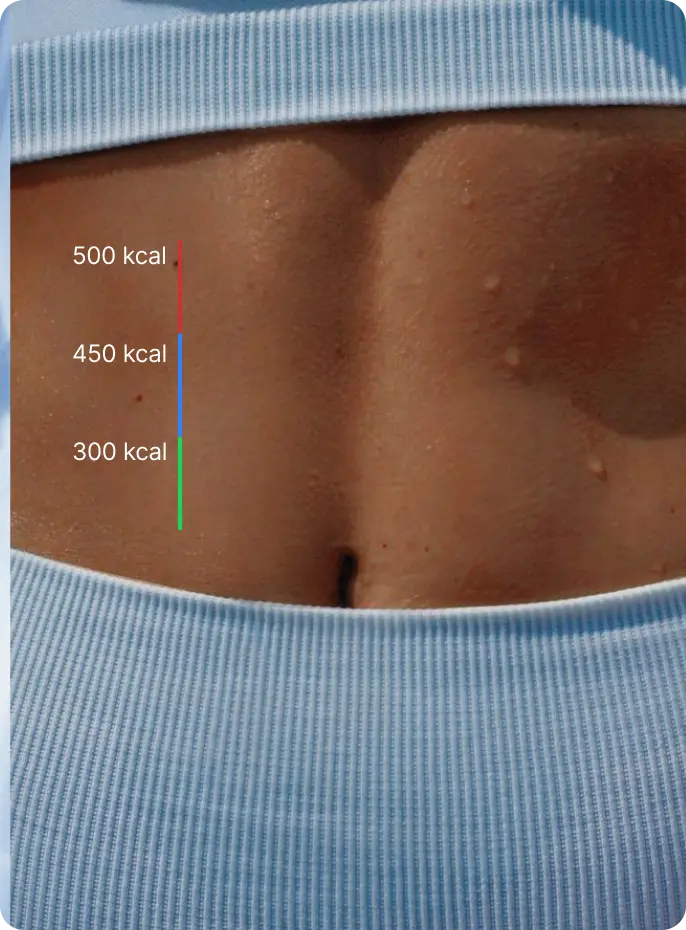 Illustration of a person's abdomen with calorie measurement labels on a blue background