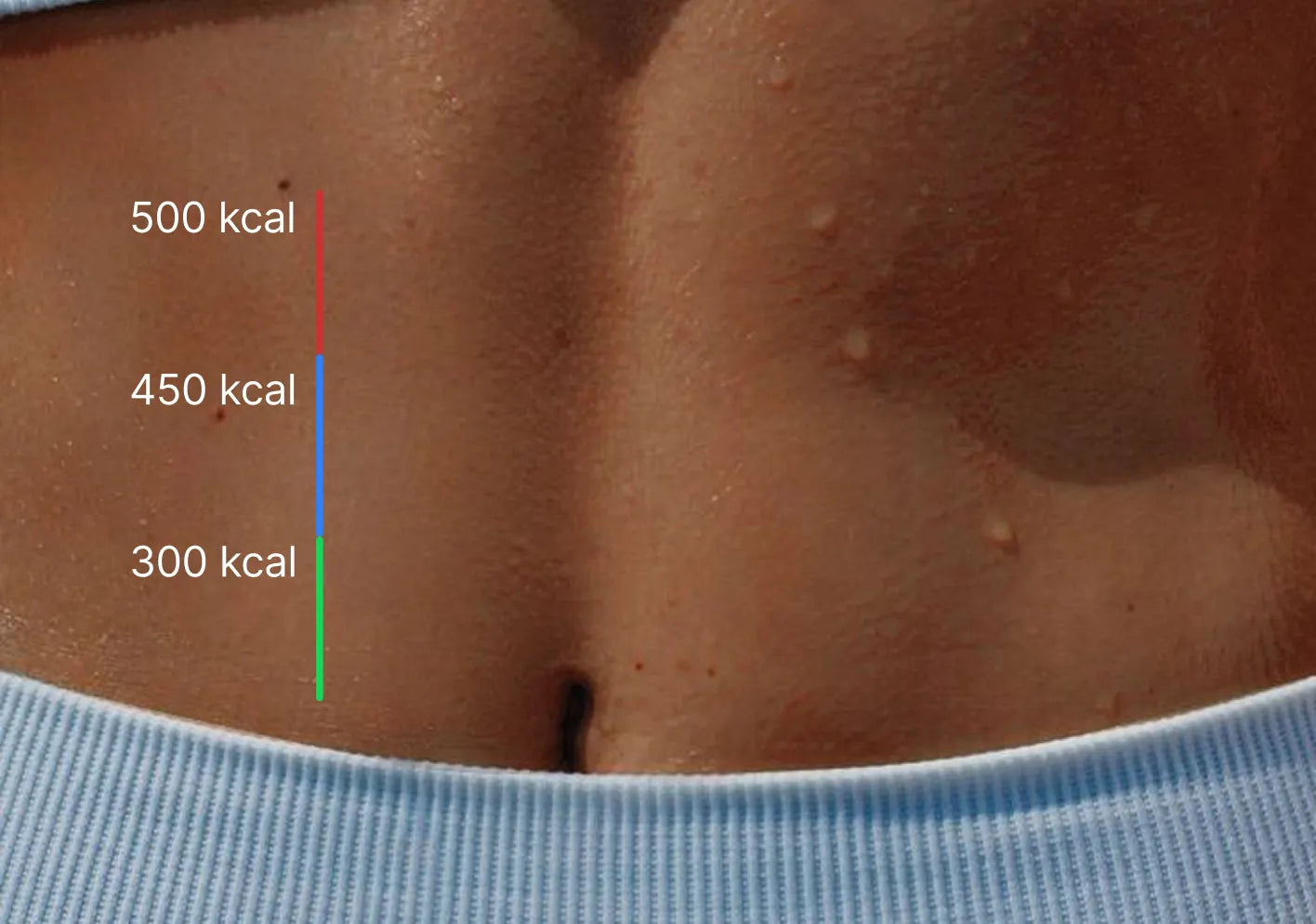 Close-up of a person's torso with calorie labels on a blue background