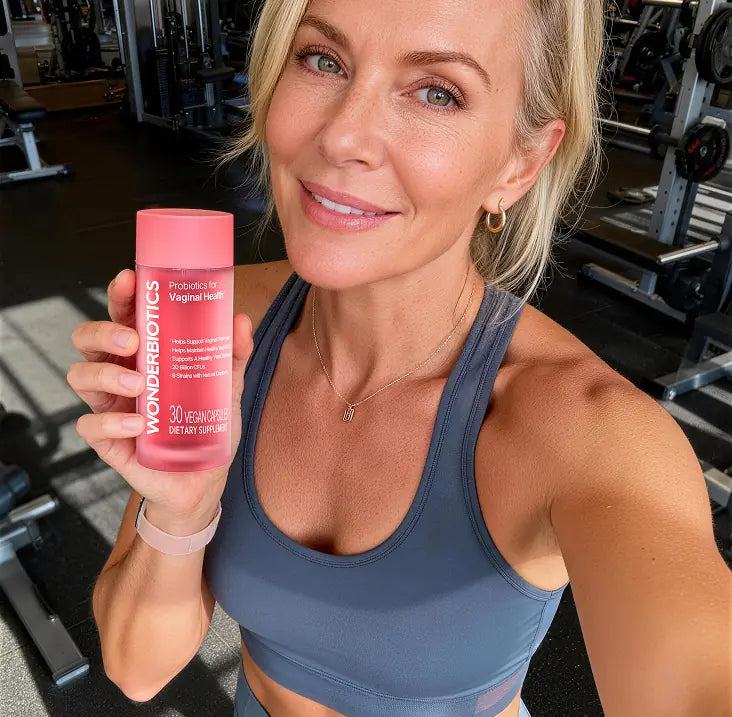 Woman in a gym holding a pink supplement container labeled 'Wonderbiotics'.