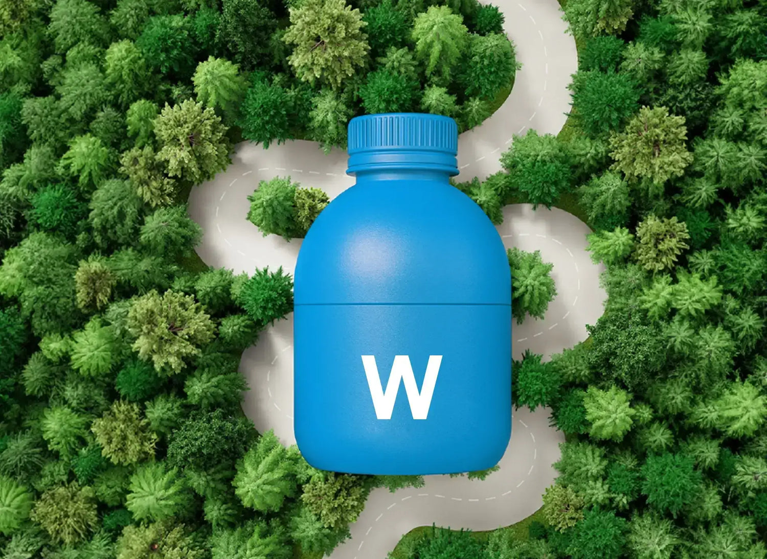 Blue bottle with a white 'W' logo on a forest background