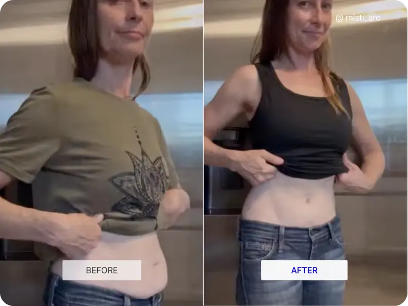 Before and after comparison of a person wearing a green shirt and black tank top.