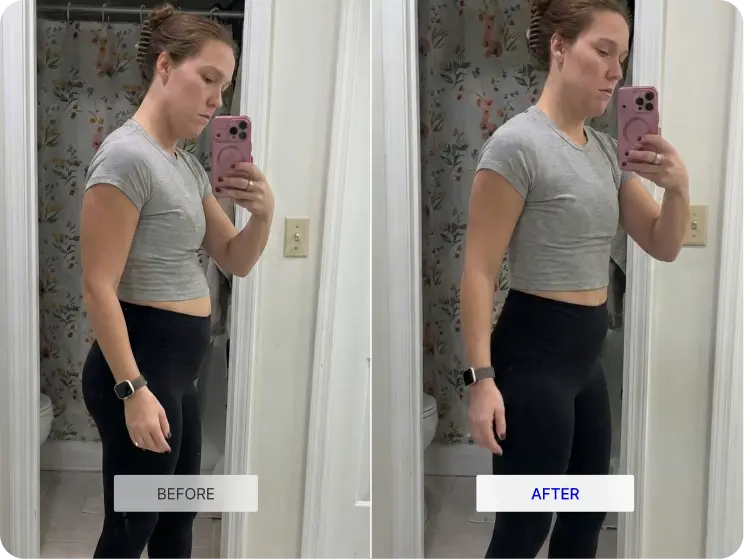 Before and after comparison of a person taking a mirror selfie in a bathroom.