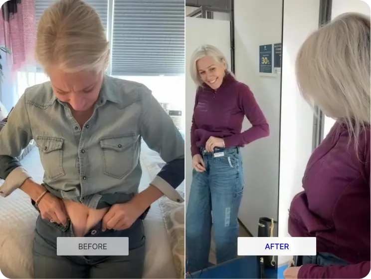 Before and after comparison of a woman wearing jeans, with 'Before' on the left and 'After' on the right.
