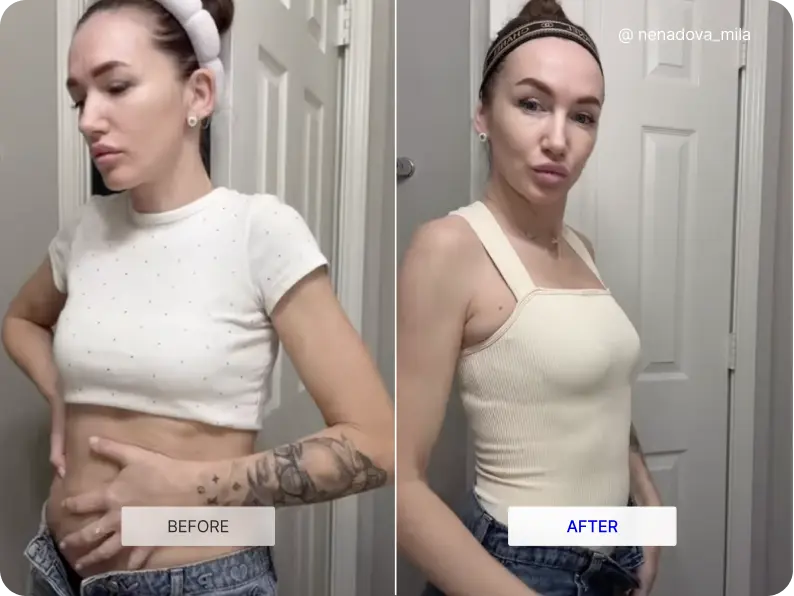 Before and after comparison of a person wearing different tops in front of a door.