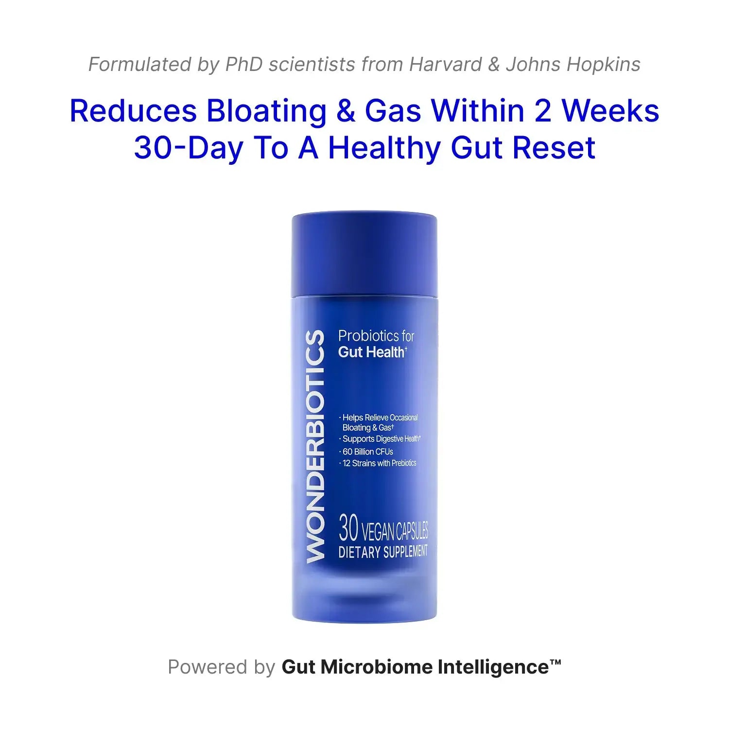 Probiotics supplement bottle for gut health on white background.