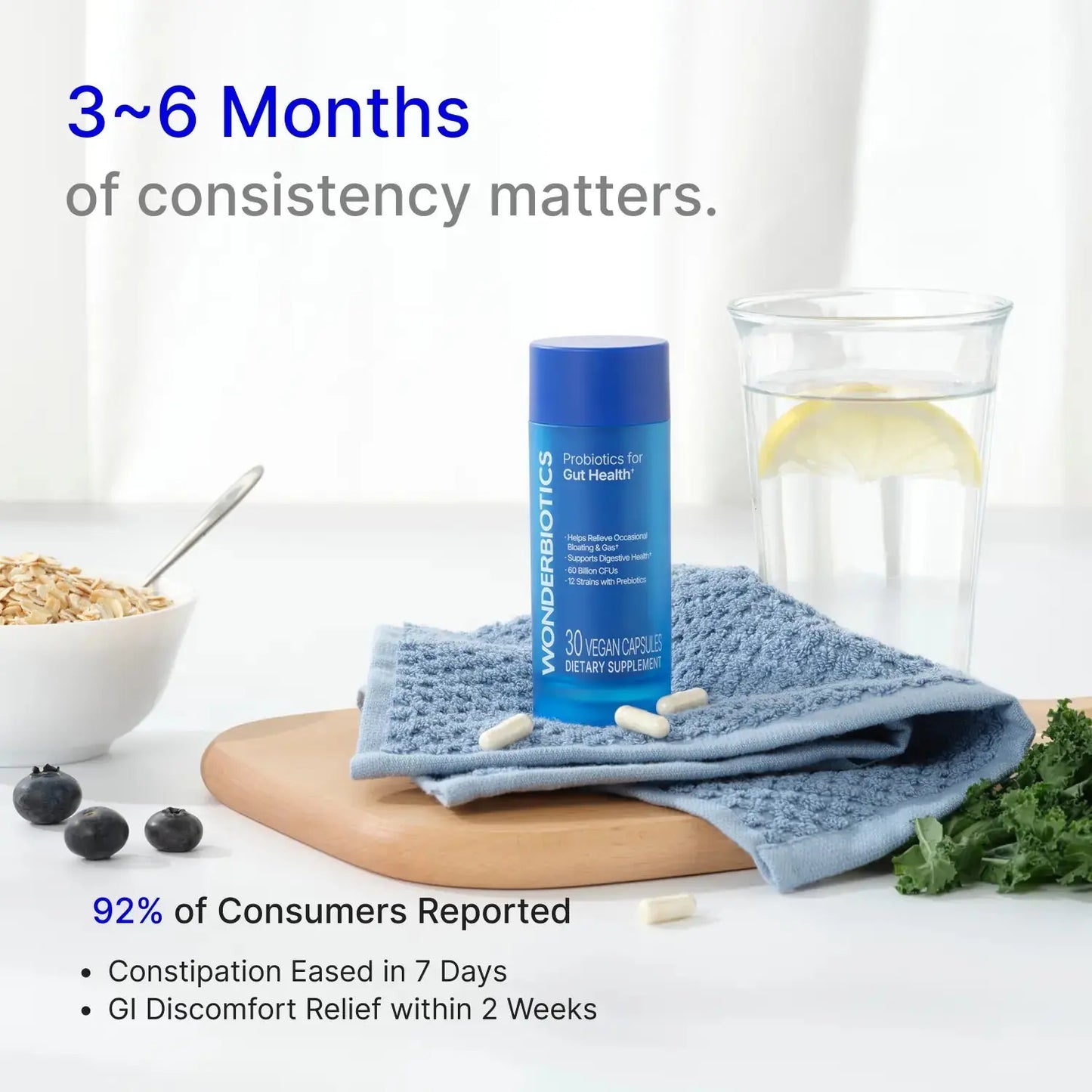 Probiotics supplement bottle with healthy breakfast for gut health.