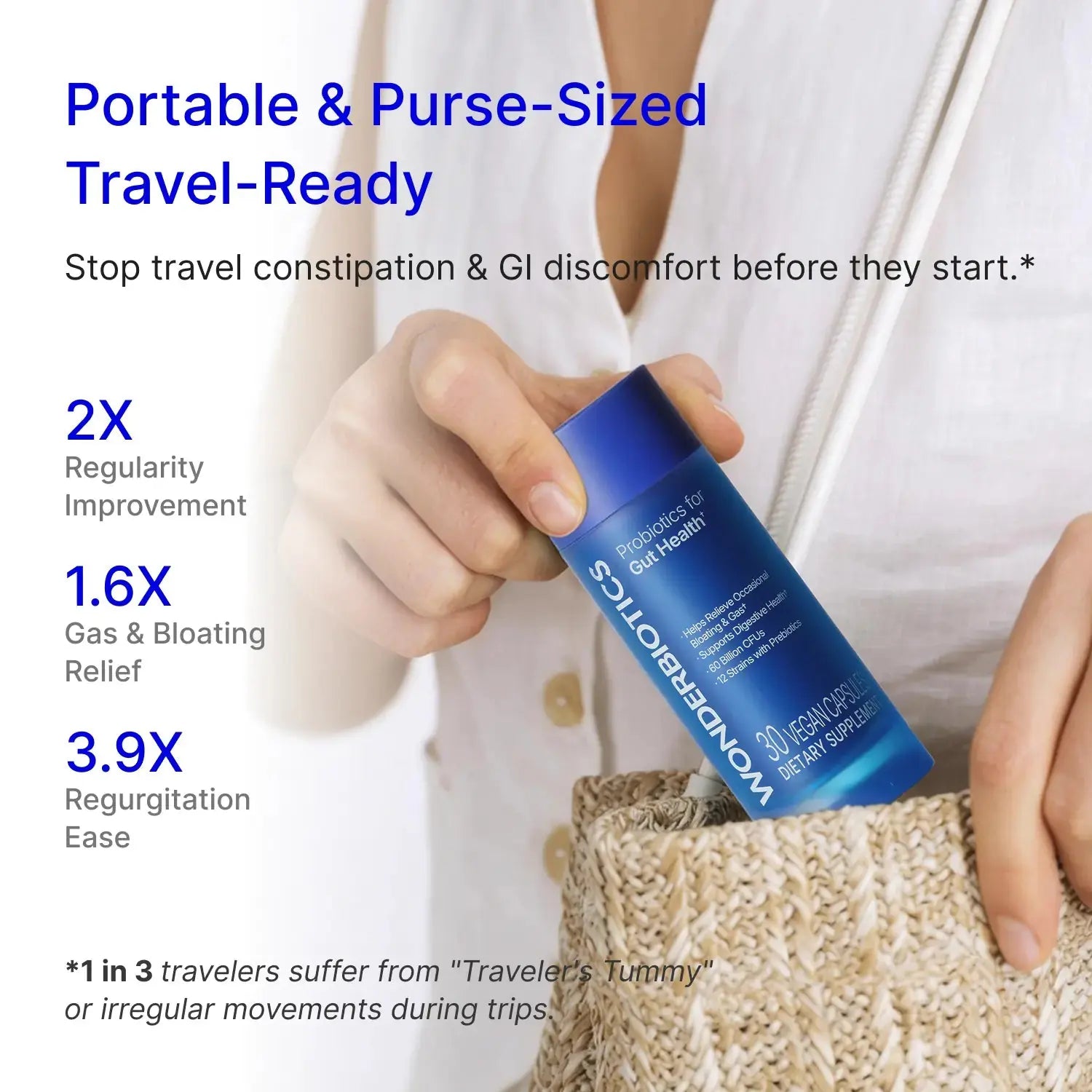 Probiotics for gut health: Travel-sized bottle for digestive support on the go.