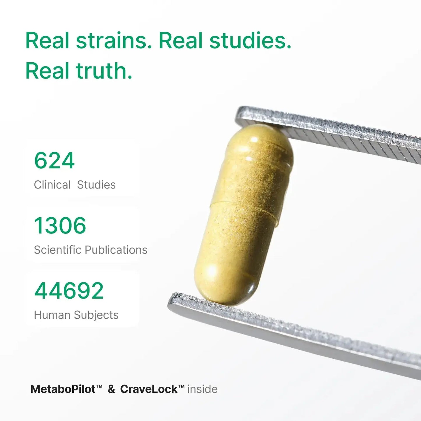 Probiotics for Weight Management: Capsules shown with clinical study details.