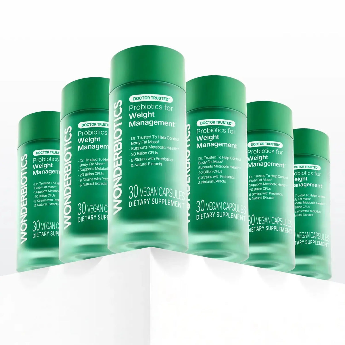 Wonderbiotics probiotics for weight management supplement bottles on white.