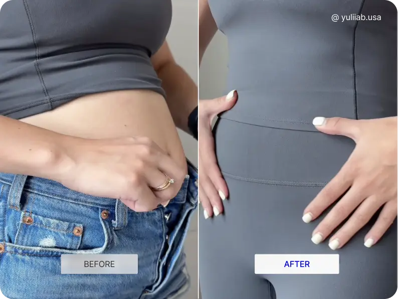 Before and after comparison of a person wearing a gray top and jeans.